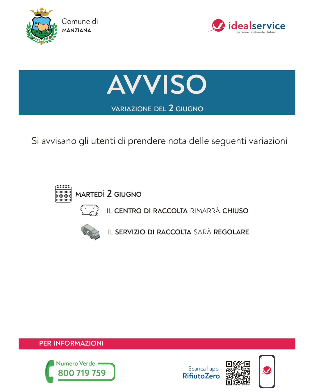avviso raccolta rifiuti 2 giugno